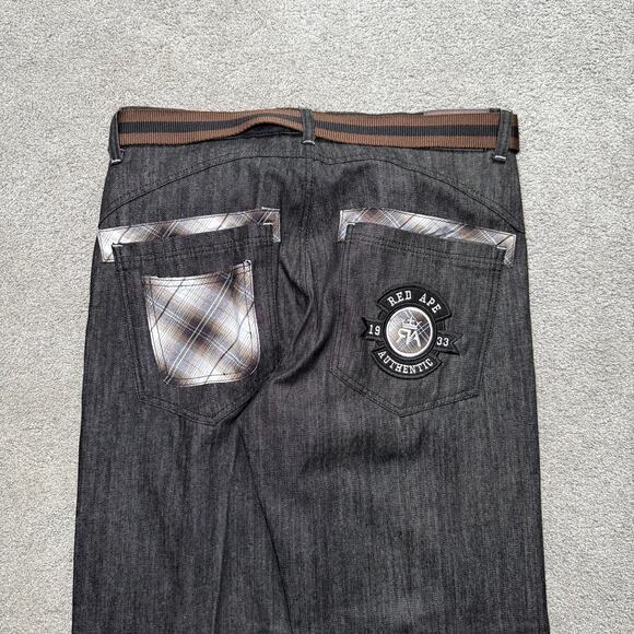 Y2K Red Ape Jeans Men's 40 x 32 Black Denim Embroidered Heavy Hip Hop 90s - Picture 3 of 7